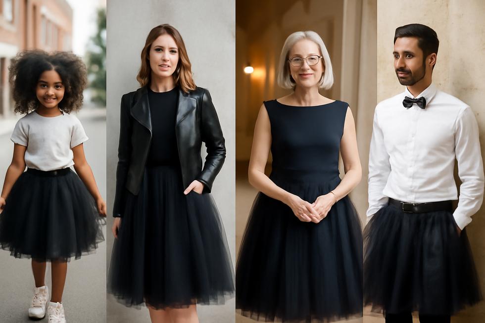 Group of people wearing black tutus in casual and formal settings, illustrating versatility.