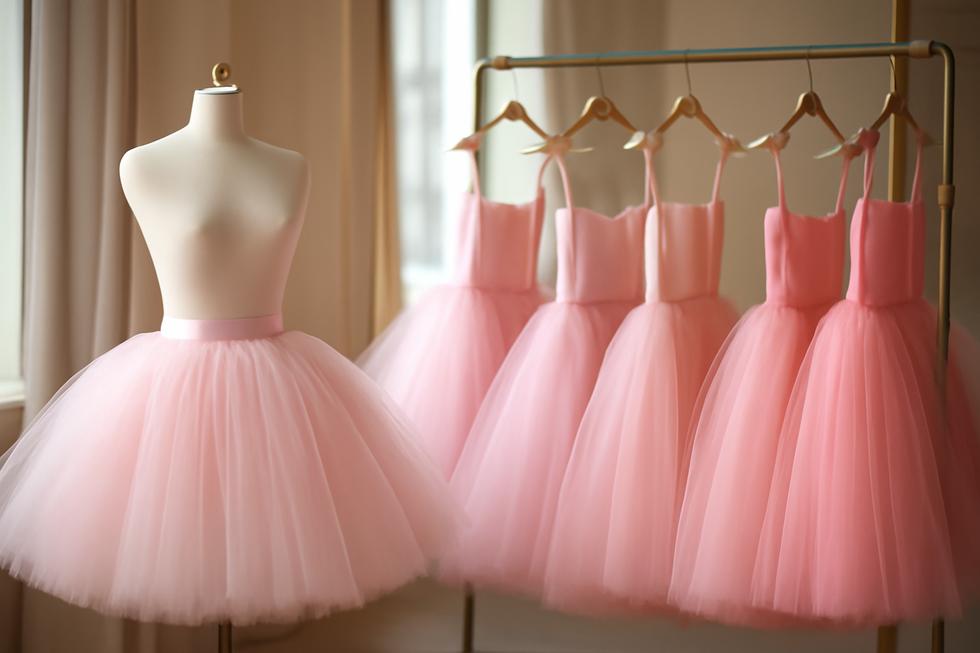 A retail display featuring various pink tutus, highlighting their elegance and widespread appeal.