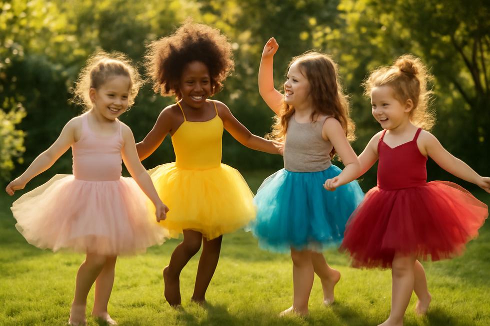 A group of children in bright tutu dresses dancing in a garden, embodying the joy and elegance of tutu clothing.