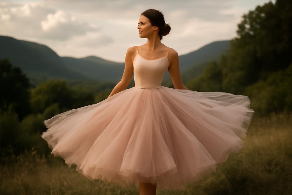 A model in a tutu dress skirt posing gracefully in nature.