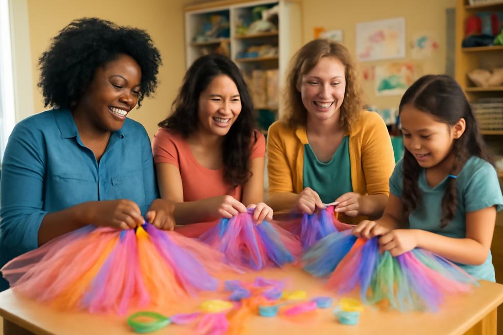 A lively scene at Tutu Fun, highlighting individuals engaged in crafts, showcasing community spirit and creativity.