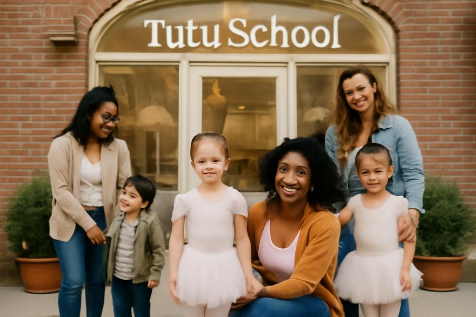 A lively scene outside a Tutu School, with smiling families and children ready for ballet classes.