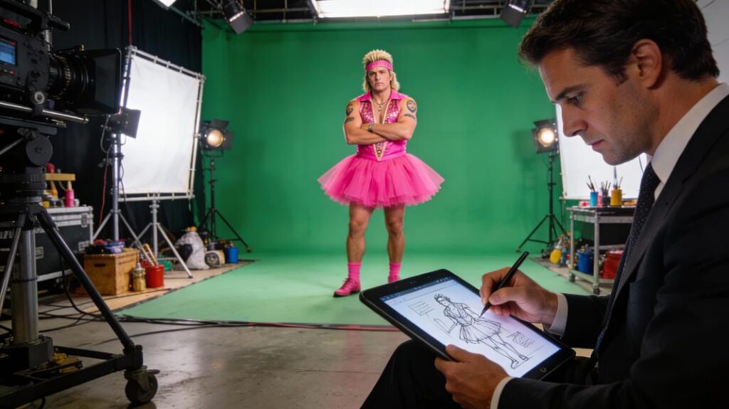 Ace Ventura wearing a pink tutu beside a businessperson reviewing costume sketches.