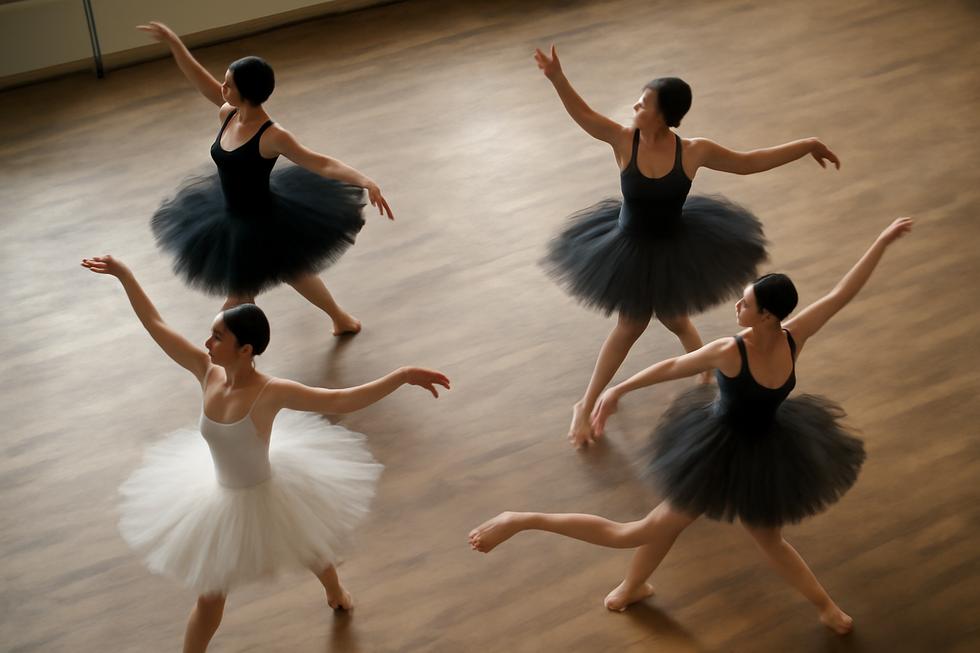 An aerial view of dancers in adult tutus rehearsing in a ballet studio, illustrating their elegance and functionality.