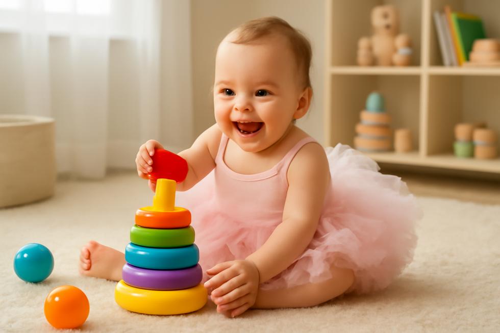 An infant wearing a pink tutu and playing in a sunny room, representing the happiness associated with baby tutus.