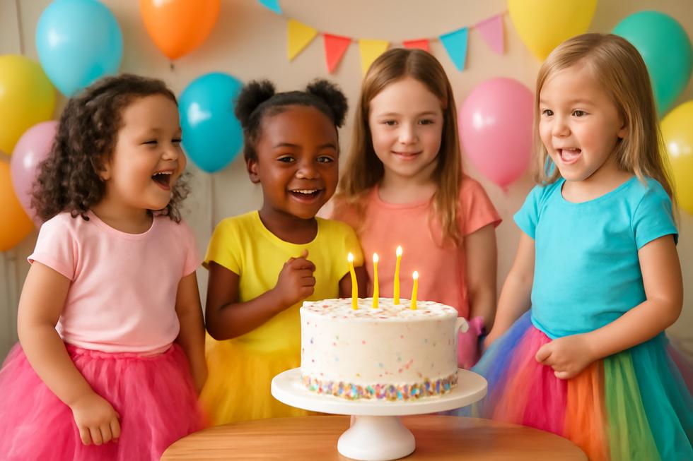 Children in colorful birthday tutus celebrating at a joyful birthday party with balloons and a cake.