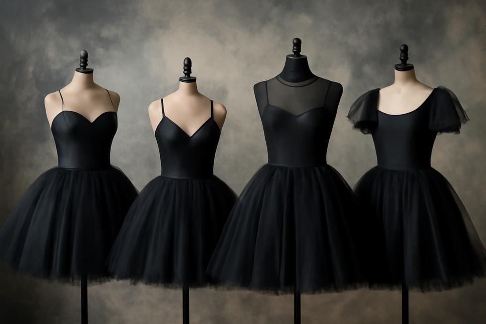 An array of black tutu dresses displayed artistically, highlighting their elegance and variety.