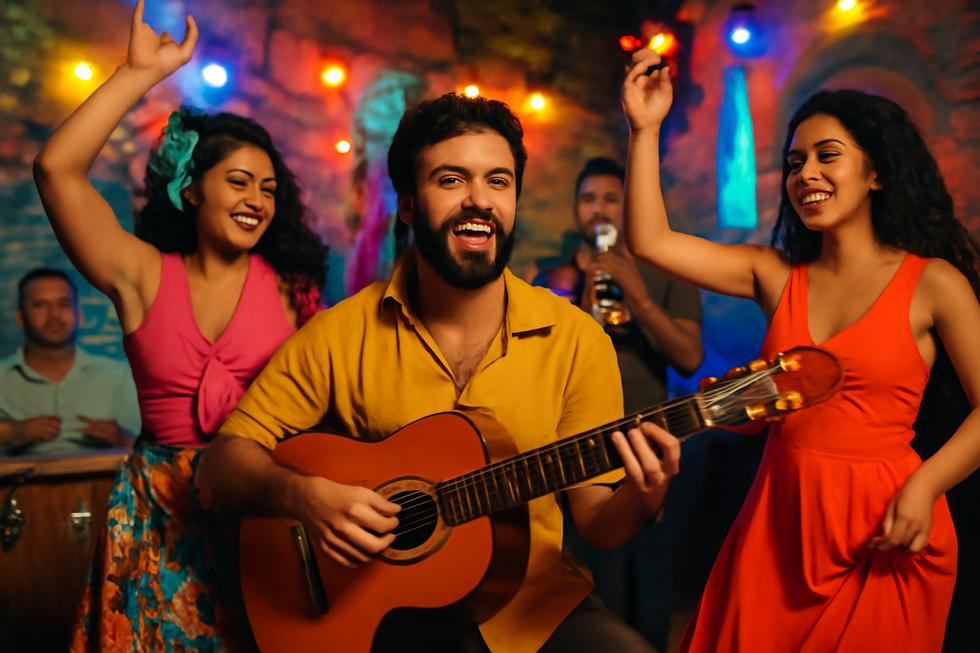 A dynamic Latin music scene with various instruments and dancers, representing the cultural vibrancy of Camilo Tutu.