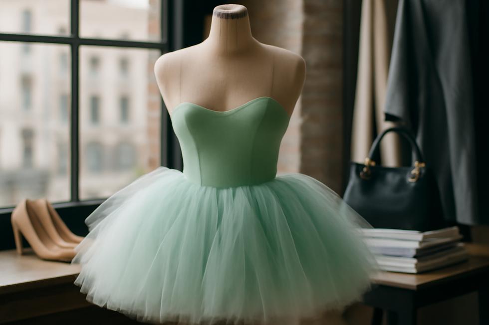 A mint green tutu reflecting elegance against a backdrop of a vibrant New York City fashion scene.