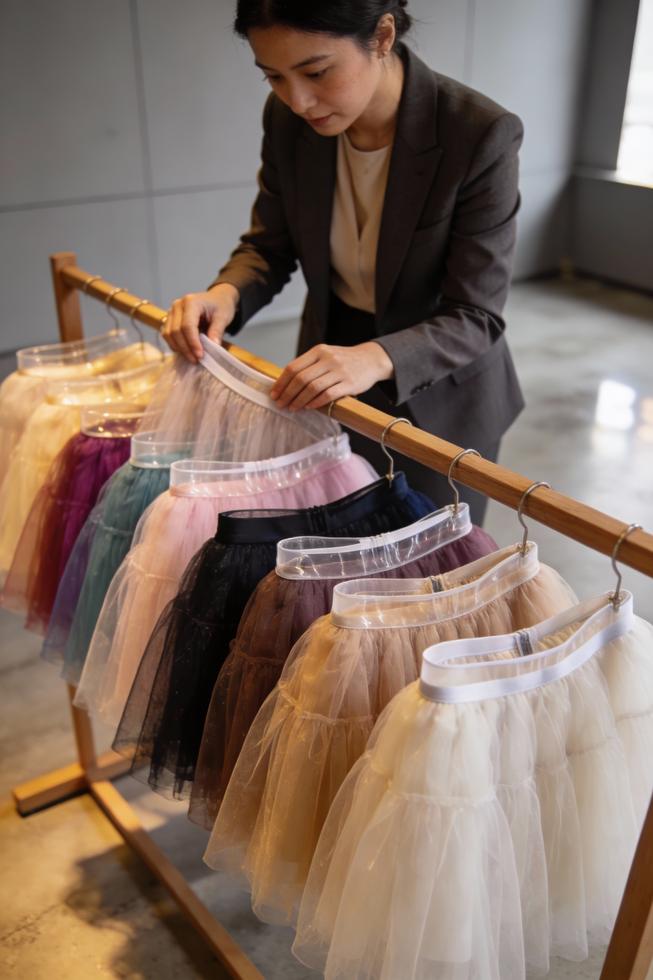 Showroom view of a business owner evaluating diverse adult tutu skirts in a retail setting.