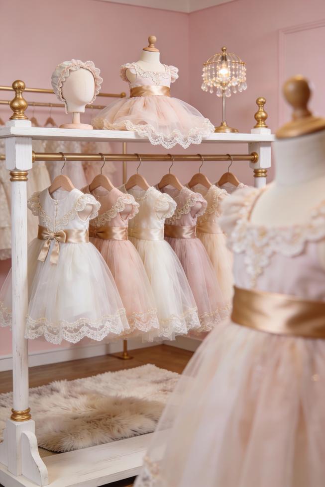 Photo-realistic cover image of pastel baby girl tutu dresses on display in a boutique.