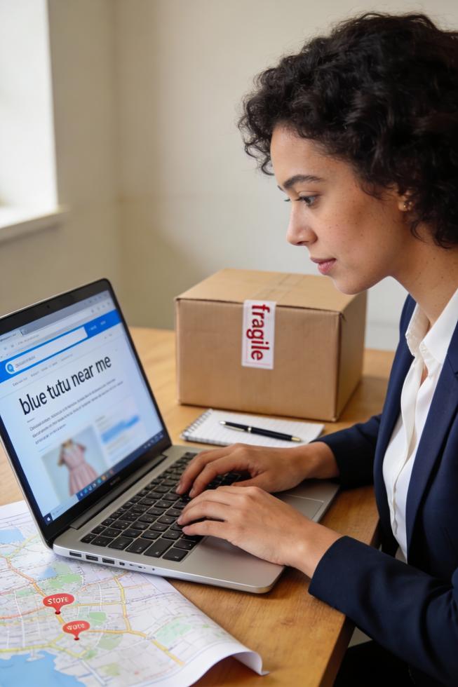 Business owner researching blue tutu near me online options at a desk with map and packages.