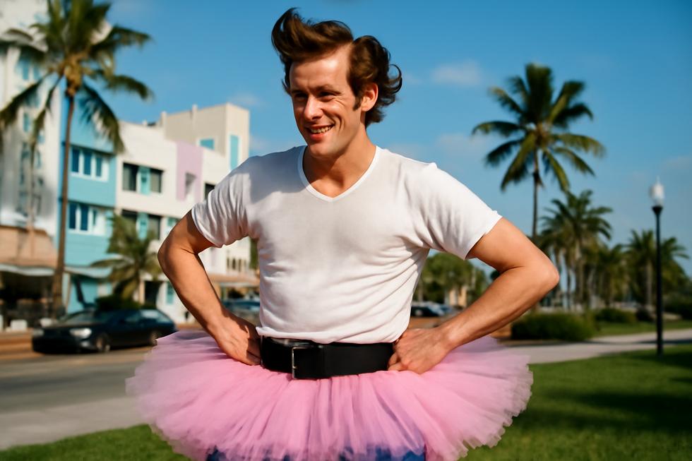 A cheerful Ace Ventura in his iconic costume, standing in a sunny Miami setting, capturing the essence of the character.