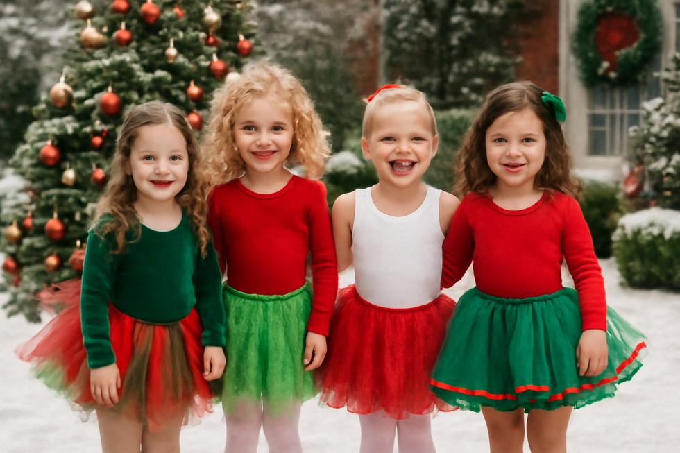Children playing in a snowy setting, dressed in vibrant Christmas tutus, capturing the spirit of the holiday season.