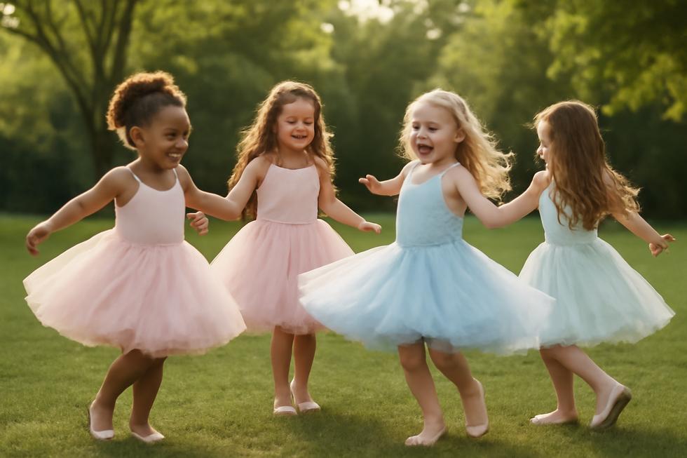 Young girls spinning in pastel tutu dresses, representing the joy of children's fashion.