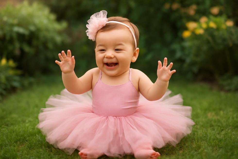 A joyful baby girl wearing a pink tutu dress, playing in a garden.