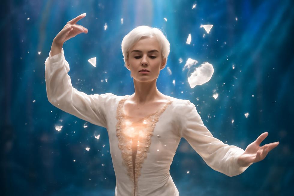 A magical ballet scene with Mytho at the center, surrounded by shards of his heart in a colorful and mystical atmosphere.