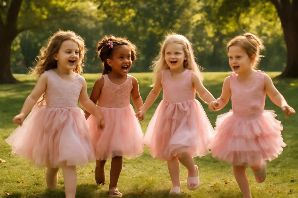 A group of young girls wearing beautiful pink tutu dresses, enjoying a sunny day in the park.