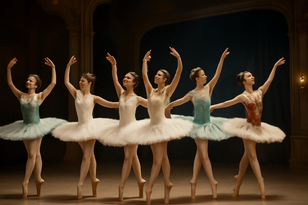 Group of ballet dancers in platter tutus performing together on stage.