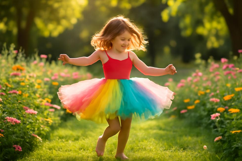A joyful child wearing a tutu tutu dress, twirling in a sunny park full of flowers.