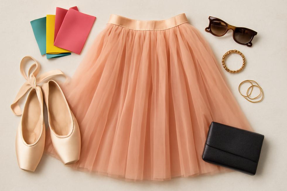 A flat lay image displaying a tutu skirt with ballet shoes and colorful fabric swatches, exemplifying stylish women's fashion.