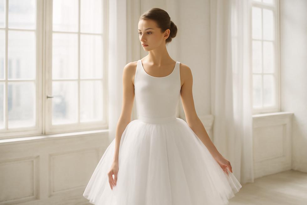 A model in a stunning white tutu skirt poses gracefully in an airy environment, emphasizing the garment's elegance and multifaceted nature.