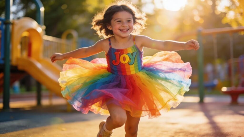 Child wearing a colorful Joy tutu in a sunlit playground.