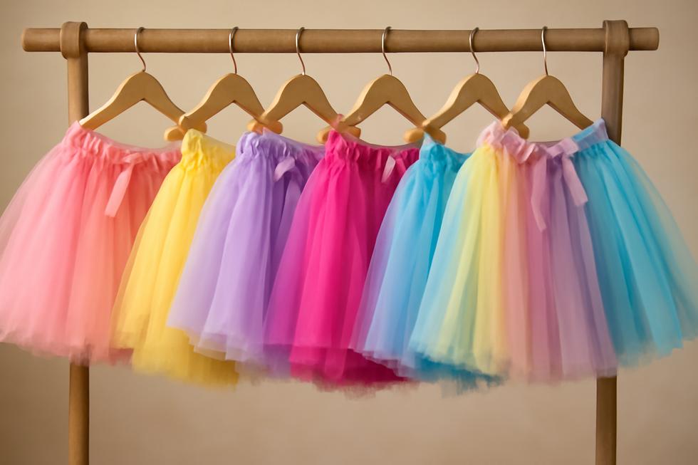 An assortment of bright and fluffy kids tutus displayed together.