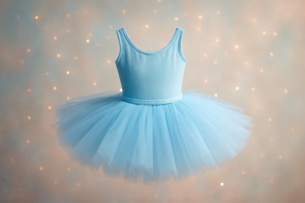 An elegant light blue tutu against a pastel background evoking a magical and creative atmosphere.