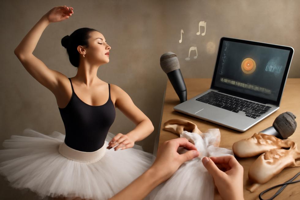 A visually rich representation of ballet practice, app technology, vocal exercises, and crafting materials, symbolizing the term 'practice tutu.'