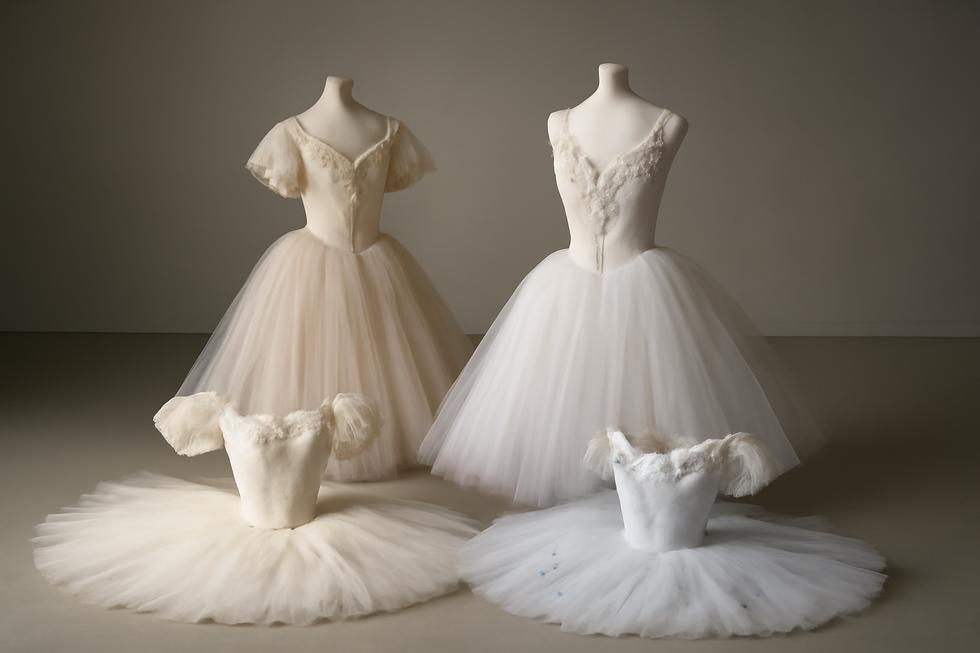 A collection of romantic tutus demonstrating various styles and craftsmanship in ballet fashion.
