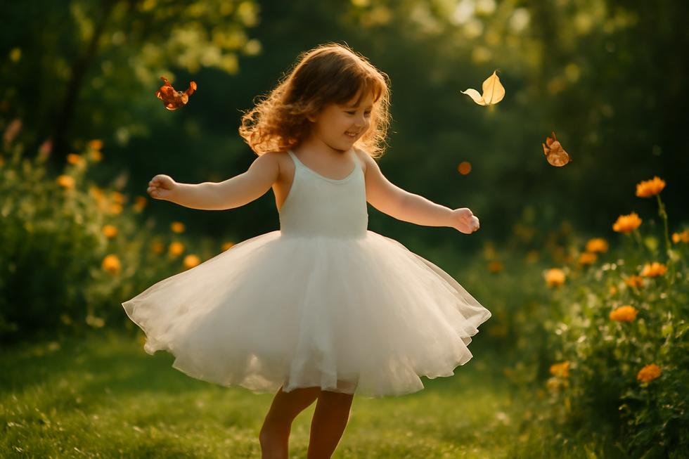 A young girl in a white tutu dress playing in a garden filled with flowers and butterflies.