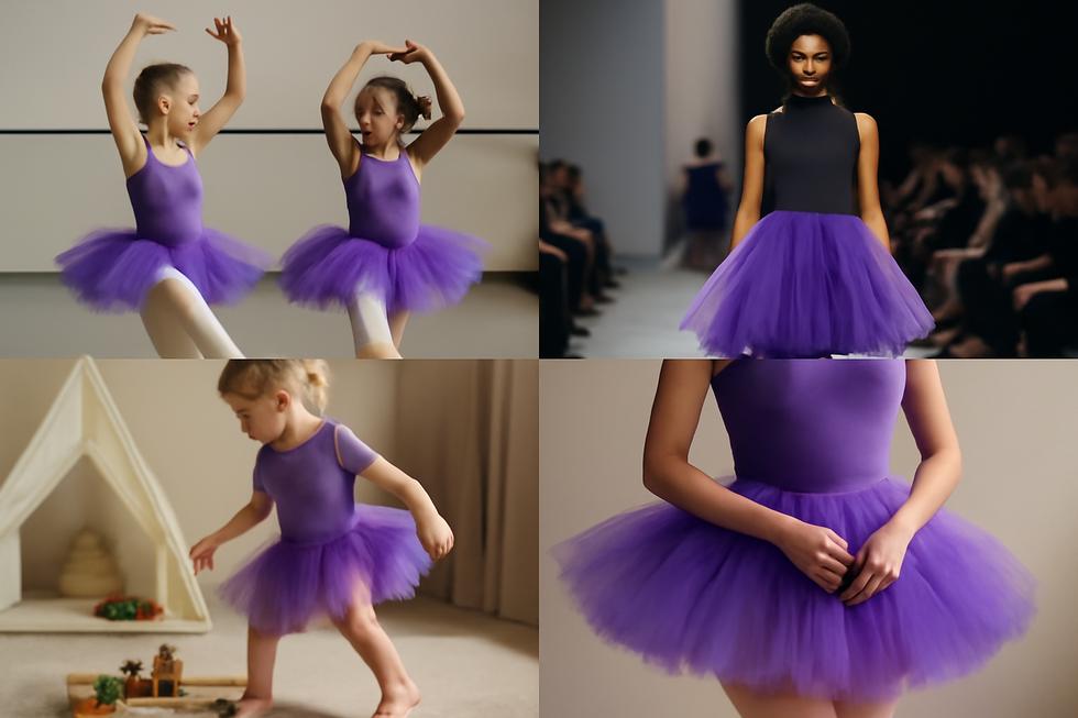 A collage of various purple tutus displayed in different scenarios including ballet and children's play.