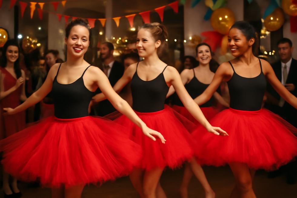 A vibrant collage of tutu red garments being showcased in both dance and party settings, highlighting their versatility.