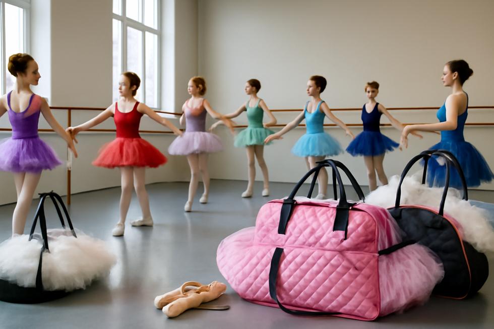 Dancers in a studio practicing ballet while displaying colorful attire and accessories.