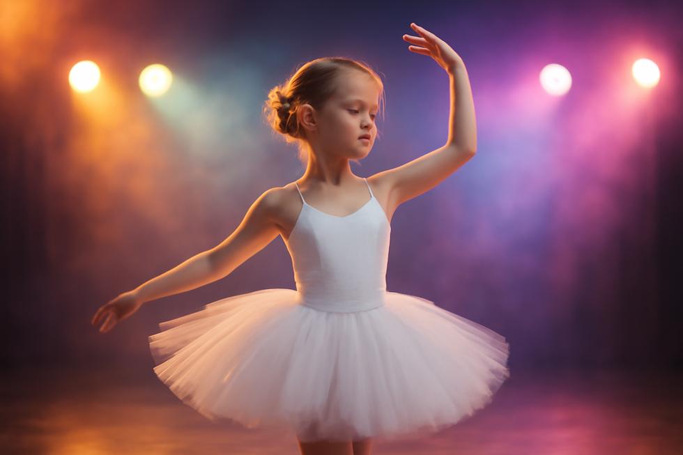 A young dancer in a colorful tutu frock performing on stage, illuminated by vibrant lights.