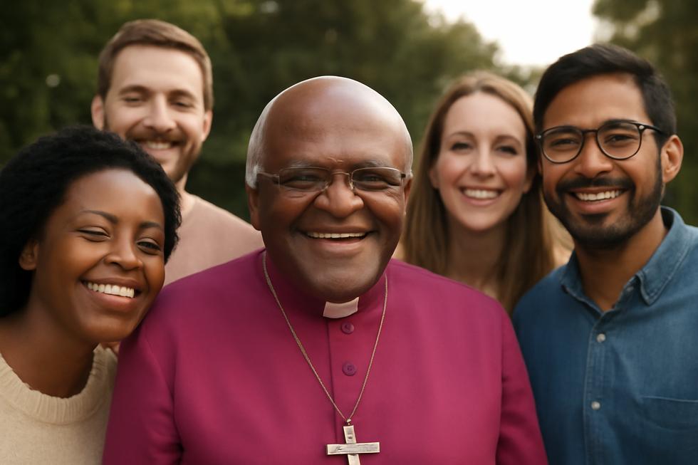 Portrait of Desmond Tutu surrounded by a diverse group of individuals, conveying unity and hope.