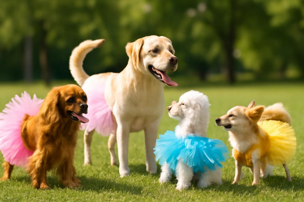 A group of dogs wearing colorful tutus playing in a park, showcasing the joy and fashion of dog tutus.