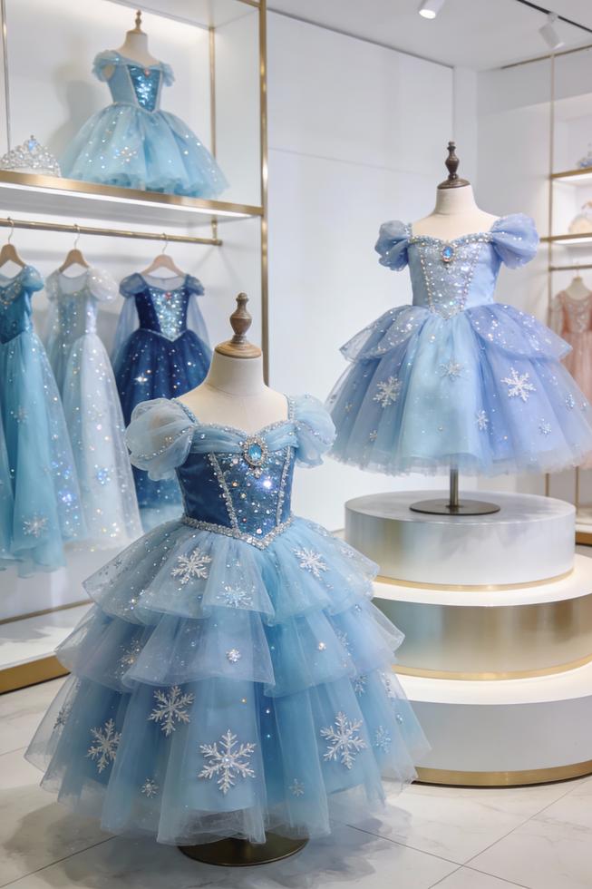 Photorealistic cover image of blue Elsa tutu dresses displayed in a premium retail setup, highlighting design variety and market readiness.