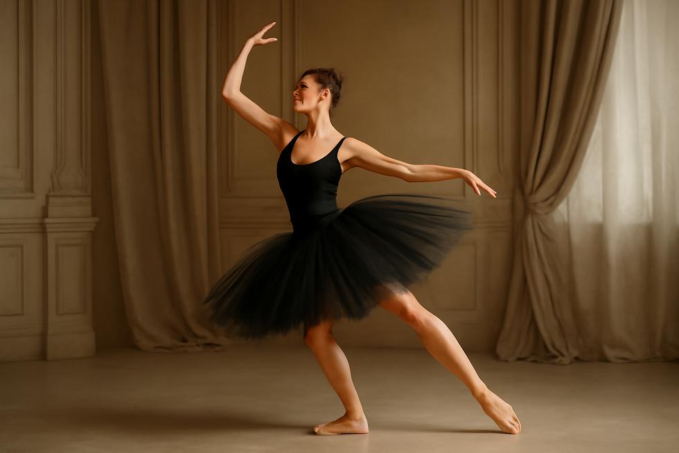 A dancer in a beautifully layered adult tutu skirt captured in motion against a graceful backdrop.