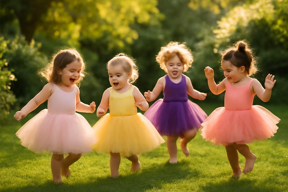 A group of young children in colorful tutu dresses, enjoying a playful moment in a garden setting.