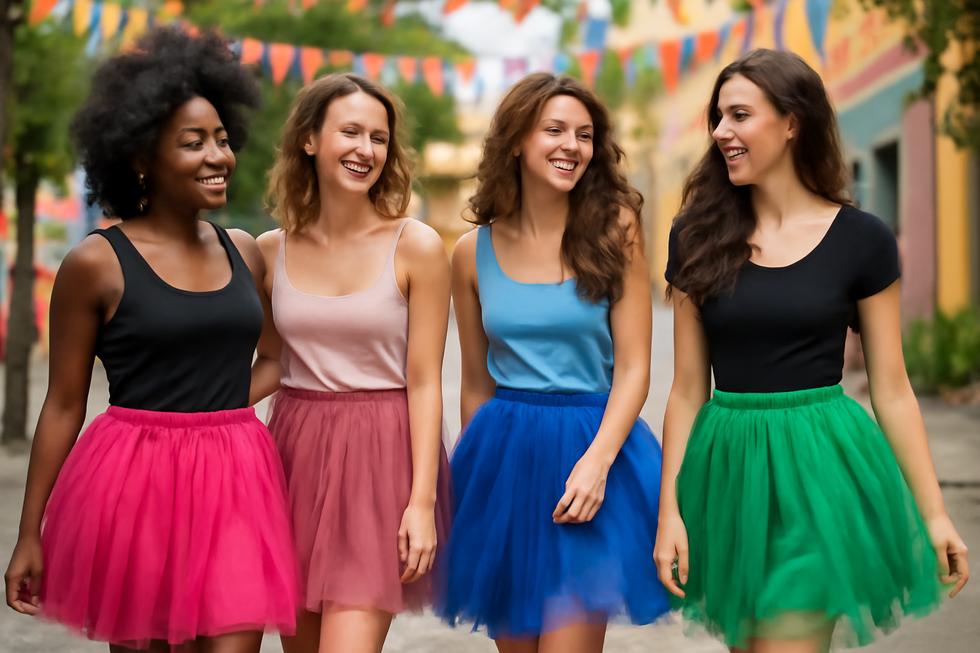 A lively outdoor scene with women in colorful tutu outfits, embodying fashion and cheerfulness.