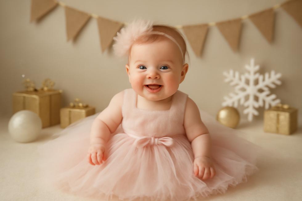 A smiling baby girl adorned in a colorful newborn tutu dress, celebrating a festive occasion.