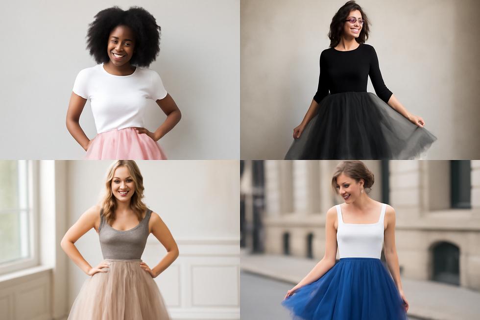 A colorful collage of women's tutu outfits illustrating a wide range of styles and occasions.
