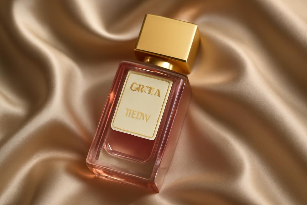 Elegantly displayed Gritti Tutu perfume bottle on silk fabric.