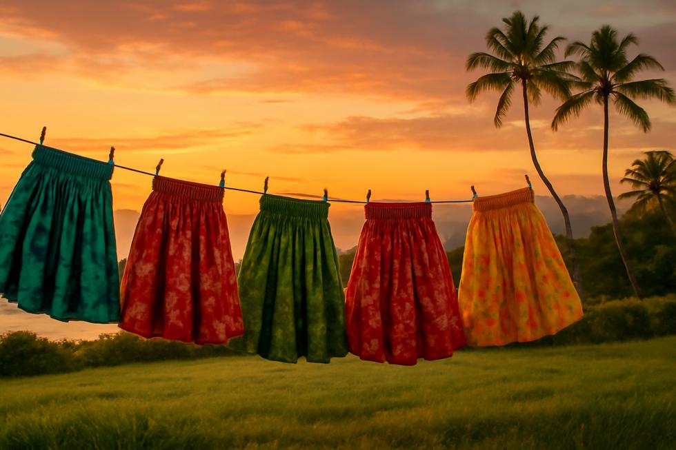 Traditional Hawaiian tutus displayed against a vibrant sunset backdrop over lush Hawaiian landscapes.
