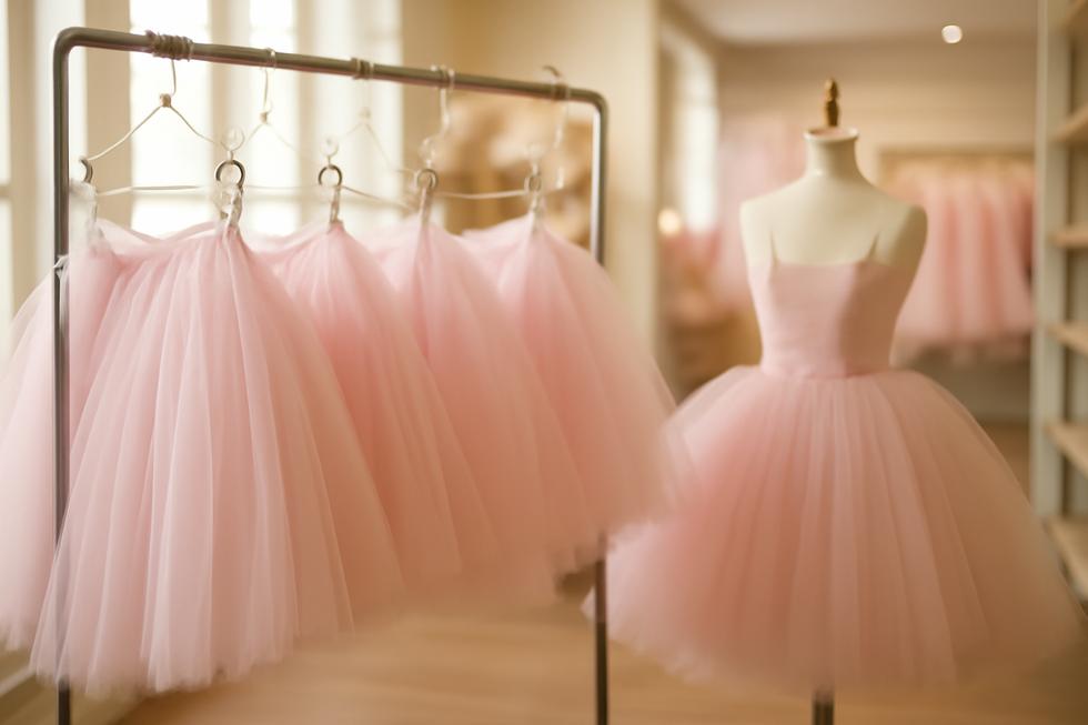 A refined display of assorted pink tutus in a retail space, highlighting the elegance and availability of the product.