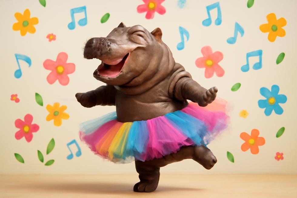A joyful hippo wearing a tutu, surrounded by vibrant colors and playful elements.