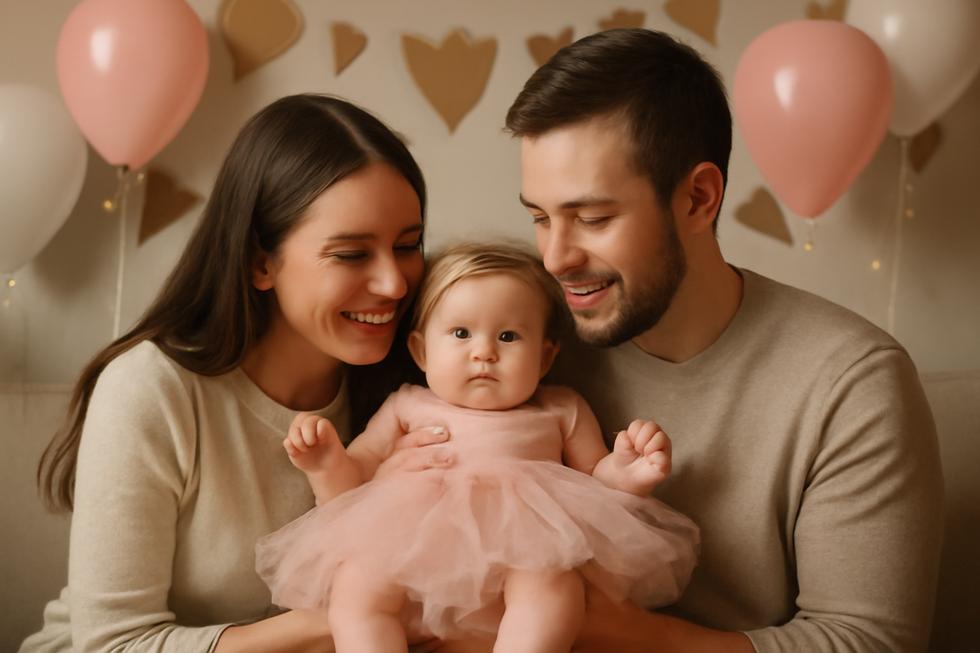 A joyful family celebrating with a newborn in a tutu.