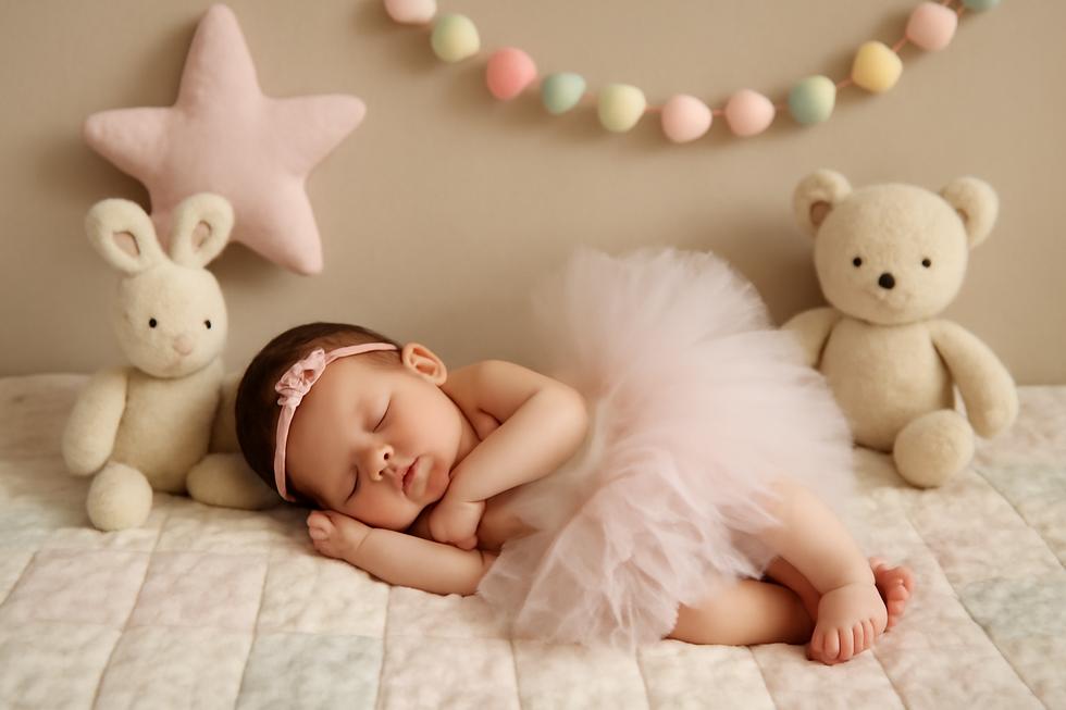 A newborn in a fluffy tutu outfit on a soft quilt, creating a charming and playful atmosphere.